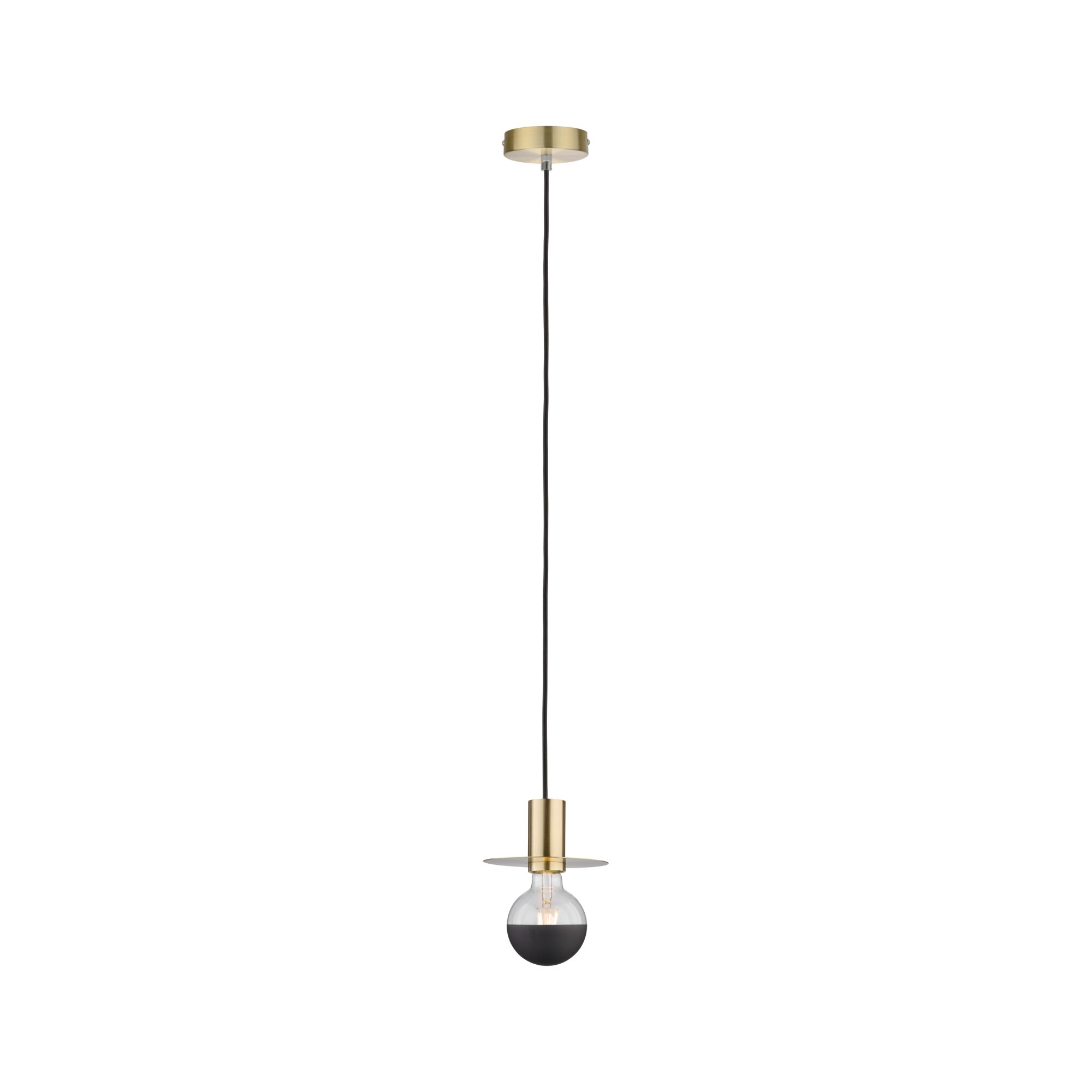 Modern brass pendant light with black bulb and slim cable for stylish interior lighting