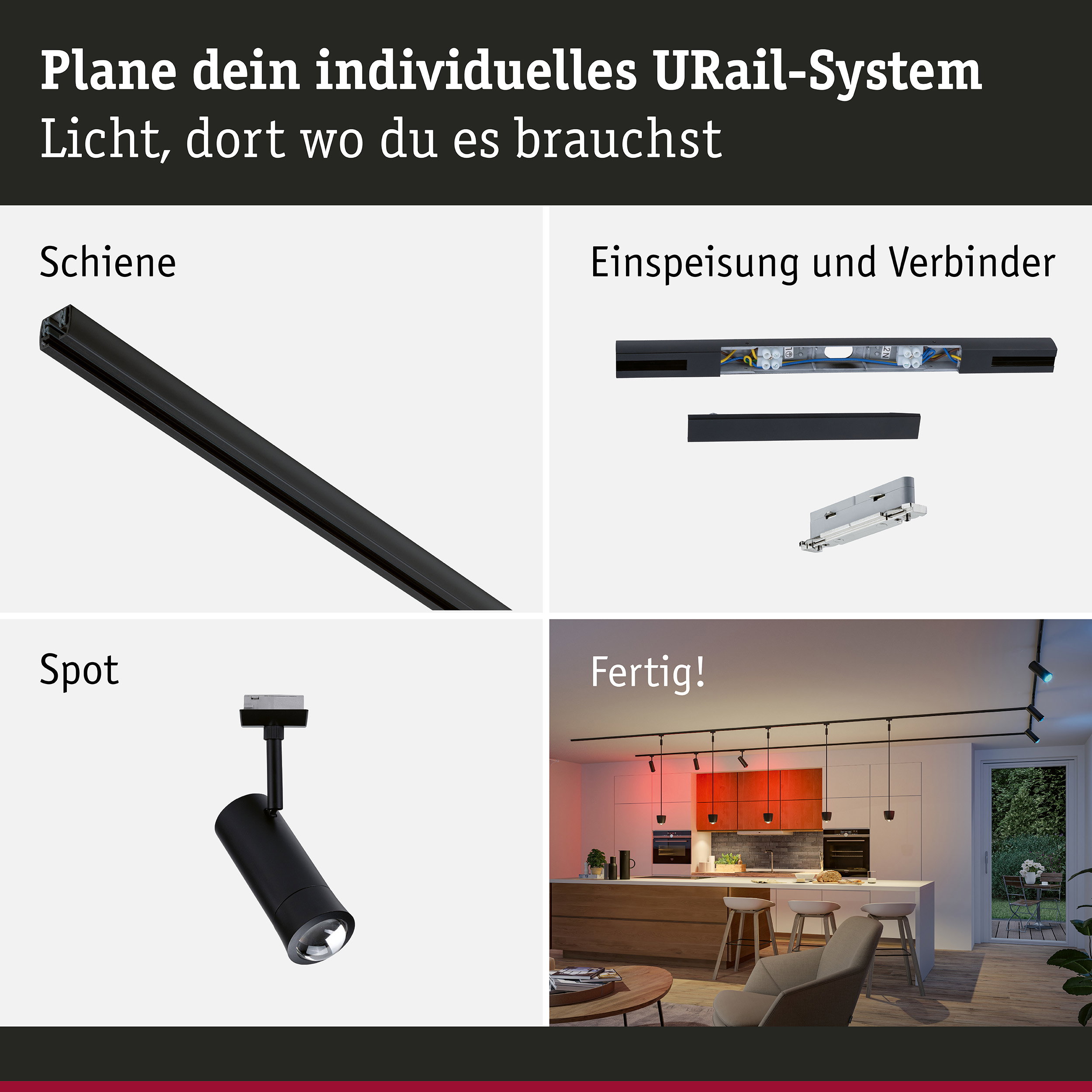 URail Schienenspot Smart Home Zigbee 3.0 Tarie Mitteleinspeisung 4x4,5W 230V Schwarz matt