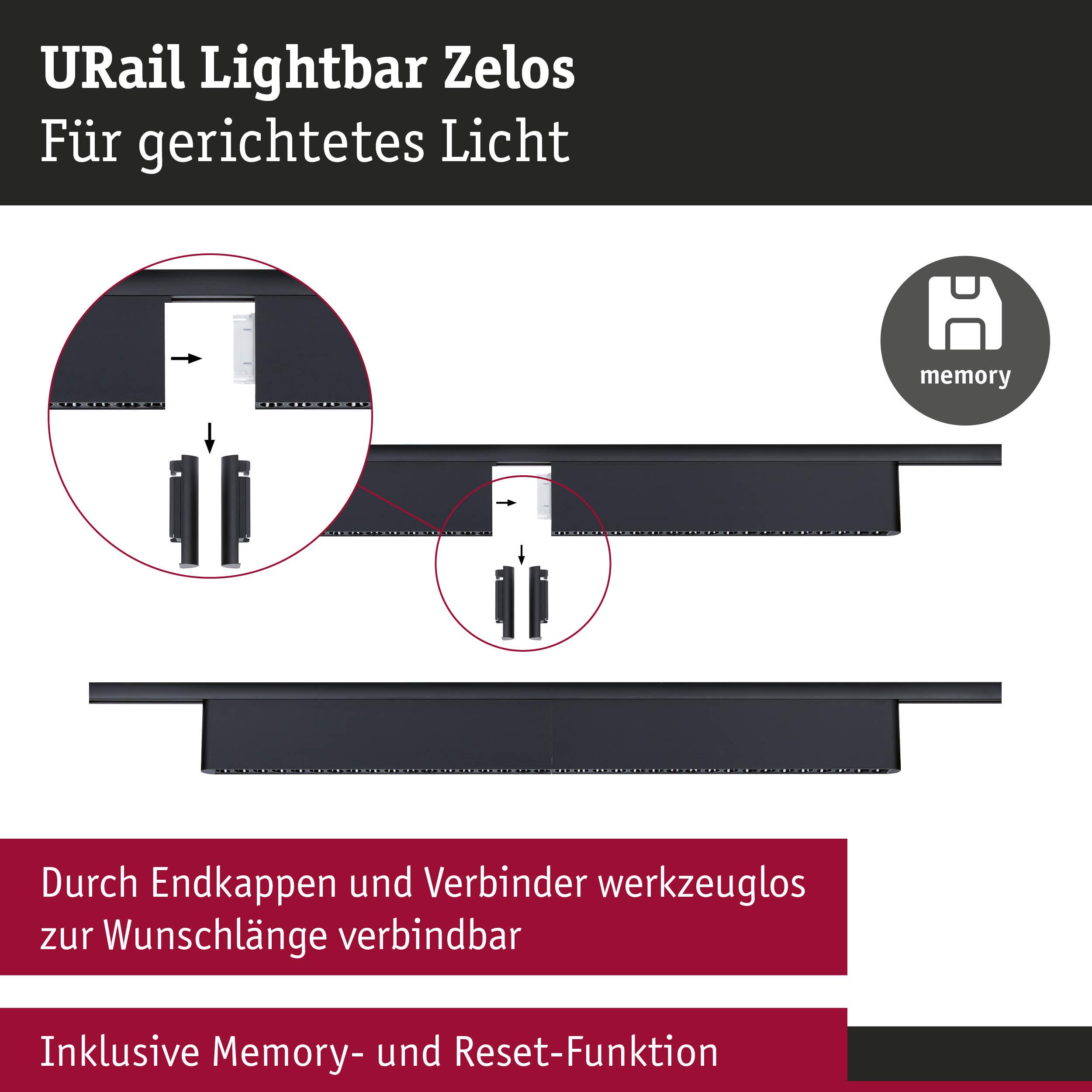 URail Lightbar Zelos in Schwarz mit Werkzeugloser Verbindung und Memory-Funktion für gerichtetes Licht