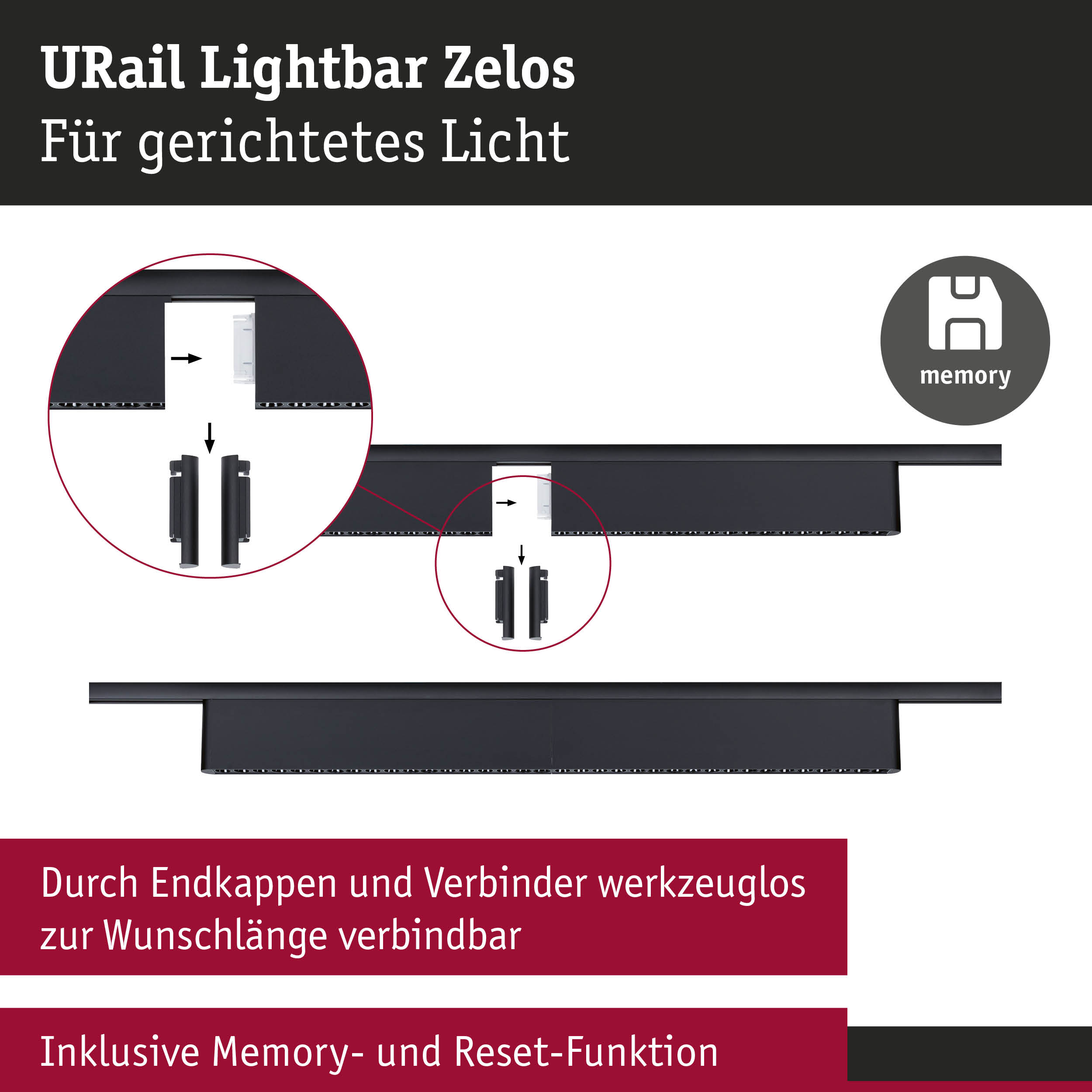 Schwarze URail Lightbar Zelos für gerichtetes Licht mit Memory- und Reset-Funktion, werkzeuglos verbindbar