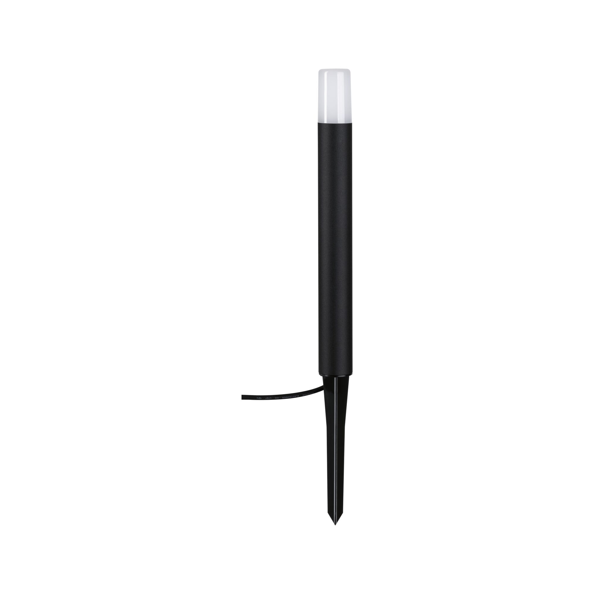 Black LED garden light with white diffuser and plastic ground spike for outdoor lighting