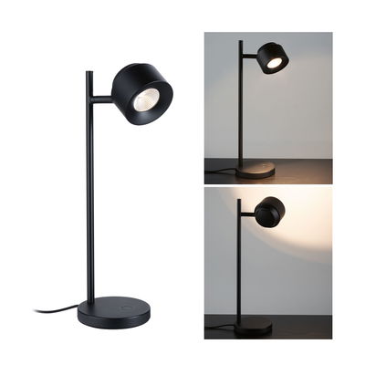 Lampe de bureau LED noire en métal avec base ronde et tête réglable pour éclairage d'accentuation