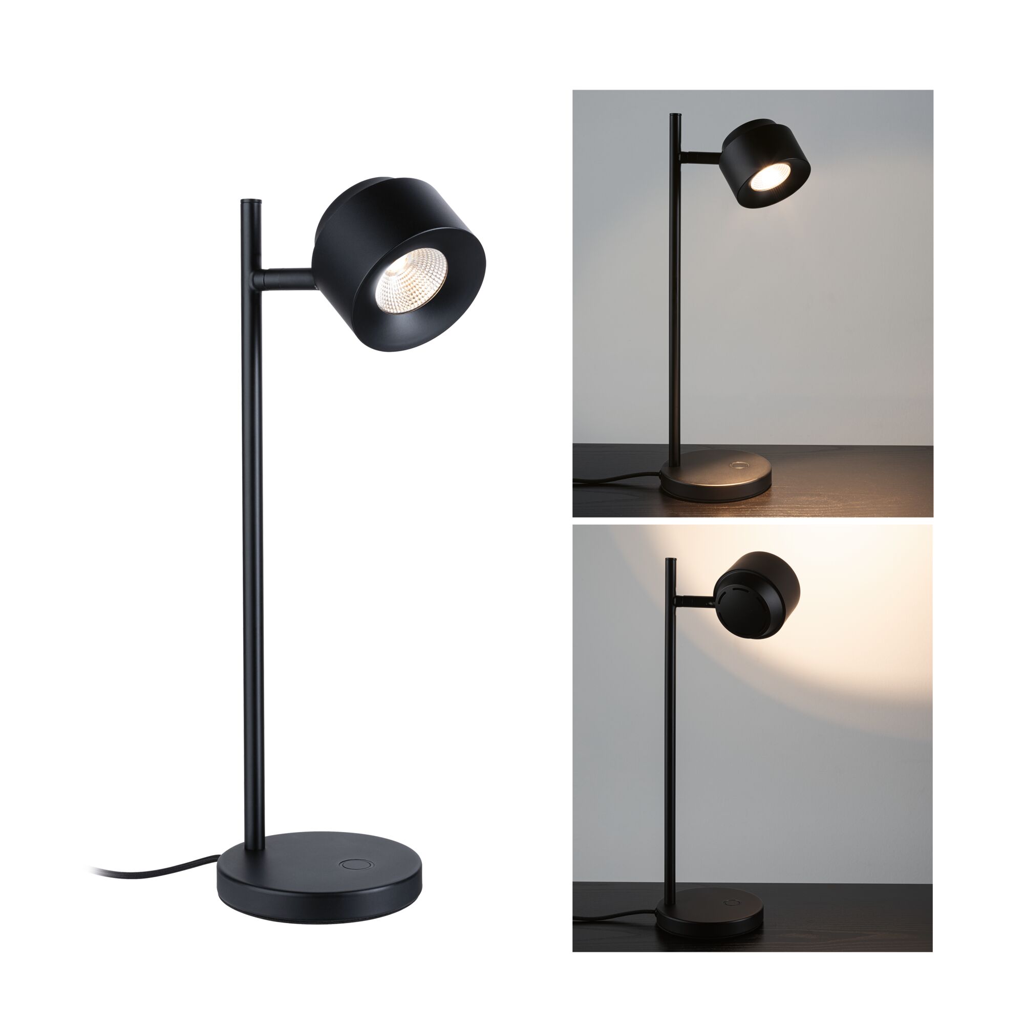 Lampe à poser LED 3-Step-Dim Pane 2700K 400lm 5,5W Noir Lampe de bureau LED noire en métal avec base ronde et tête réglable pour éclairage d'accentuation