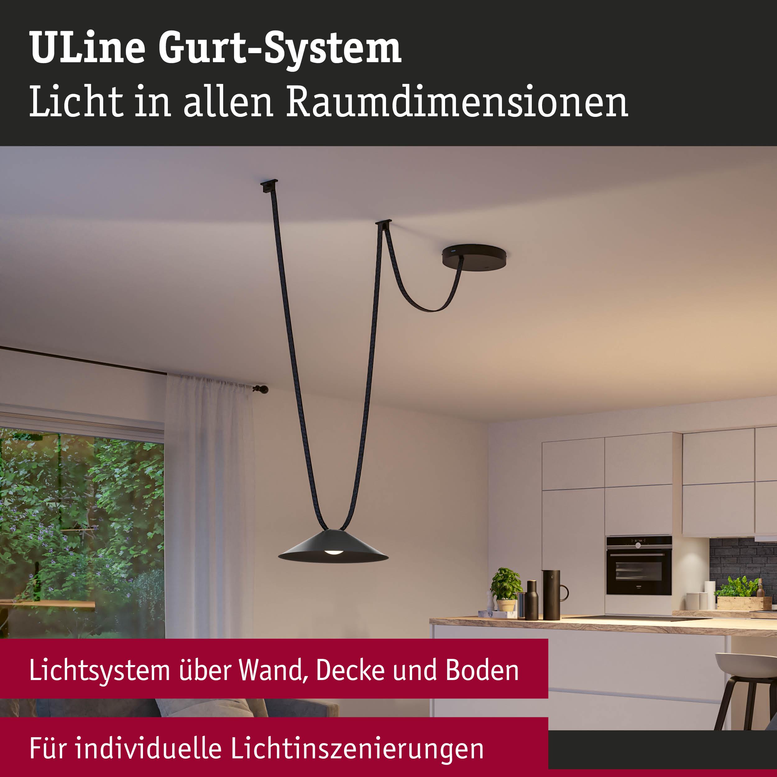 Schwarzes ULine Gurt-System mit Hängeleuchte in modernem Wohnraum für flexible Lichtgestaltung