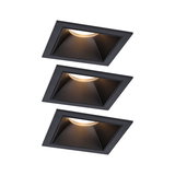 Three square black metal recessed lights with warm white LED for modern indoor lighting solutions