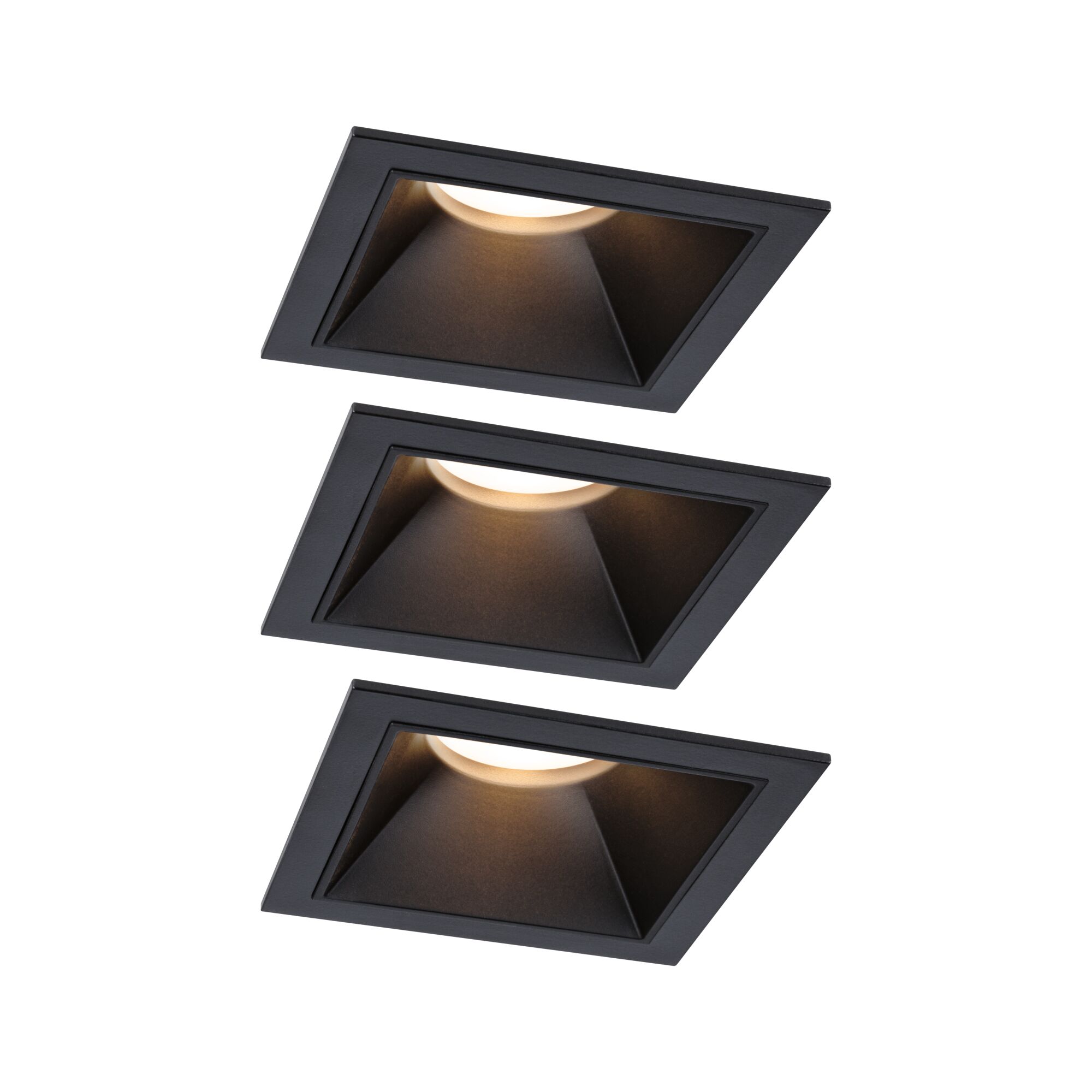 Drei quadratische Einbauleuchten aus schwarzem Metall mit warmweißem LED-Licht für moderne Innenräume