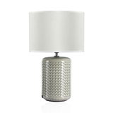 Table lamp with grey ceramic base and white fabric shade, decorative home lighting