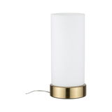 Modern table lamp with white glass cylinder and brass-colored metal base for elegant room lighting