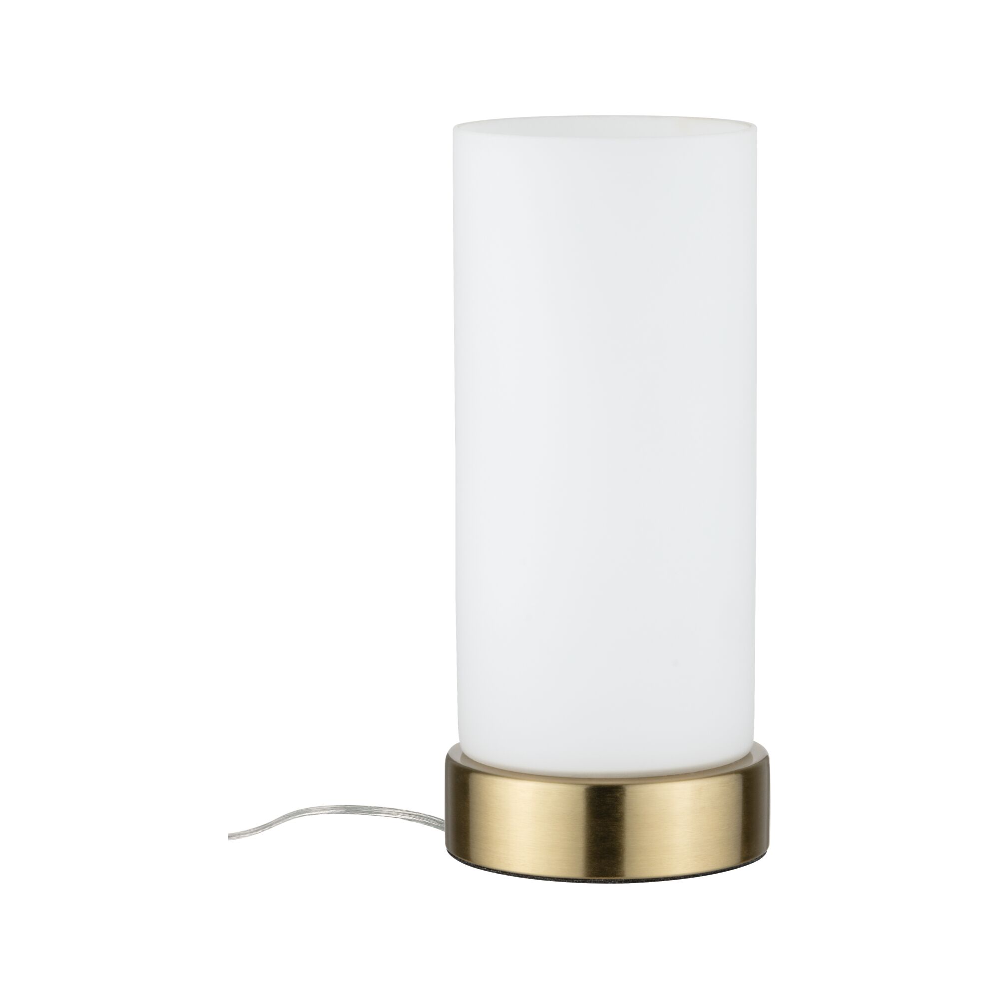 Moderne Tischlampe mit weißem Glaszylinder und messingfarbenem Metallfuß für Wohnraumbeleuchtung