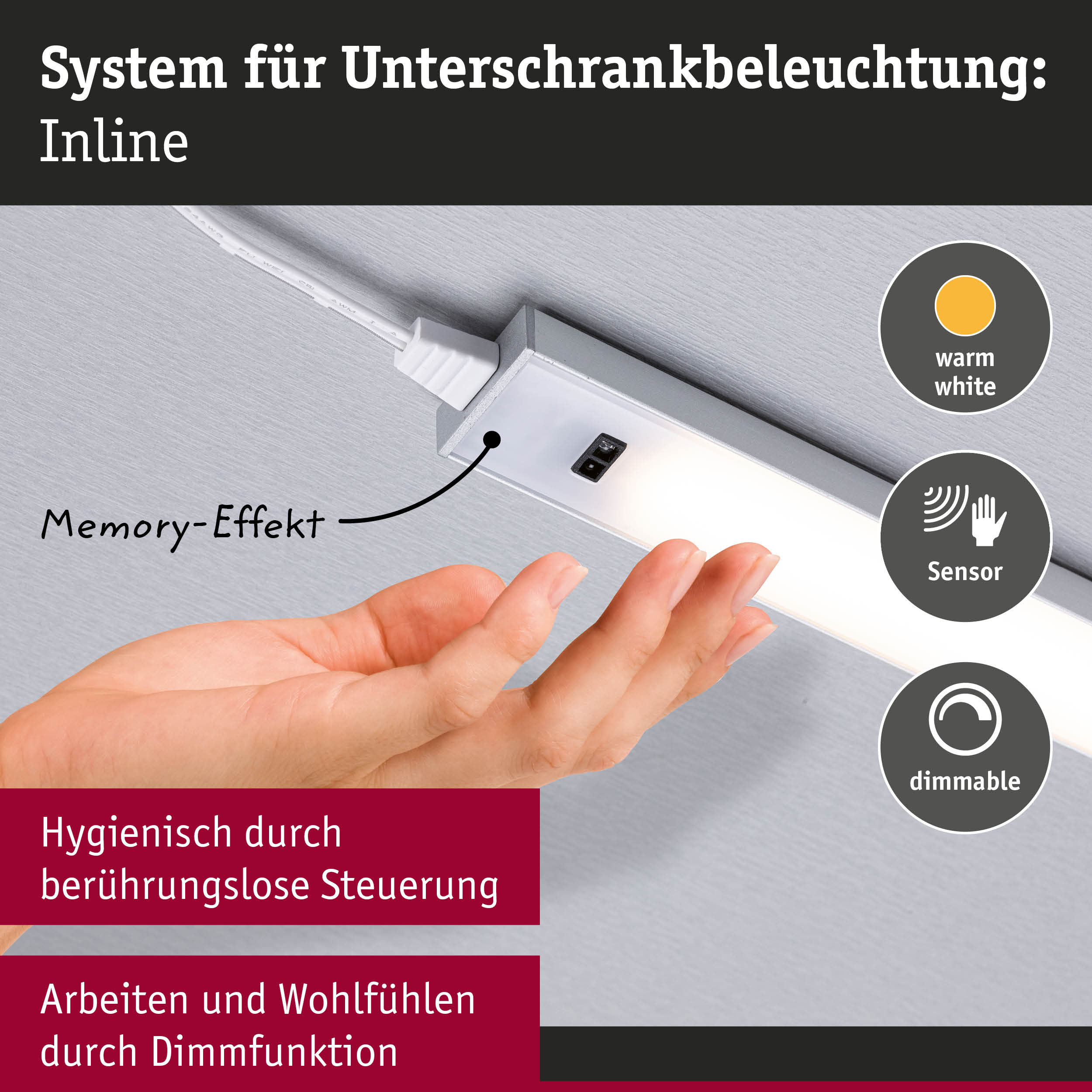 LED-Unterbauleuchte Inline mit warmweißem Licht, Sensor und Dimmfunktion für hygienische Steuerung