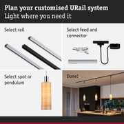Modular URail track system with black and white aluminium rails for flexible LED lighting solutions.
