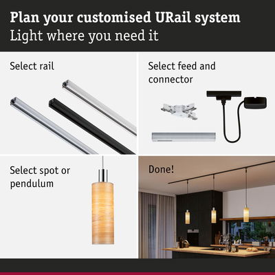 Guide to customize URail lighting system with rails, connectors, and wooden pendant lights for kitchen lighting