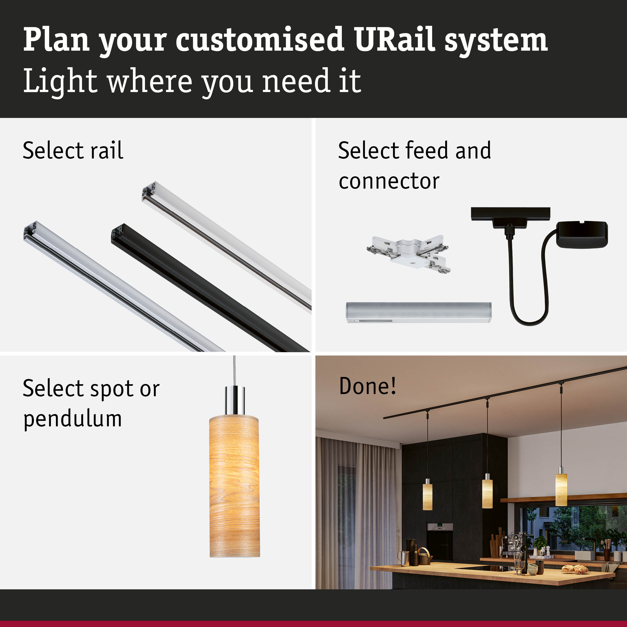 Modular URail track system with black and white aluminium rails for flexible LED lighting solutions.
