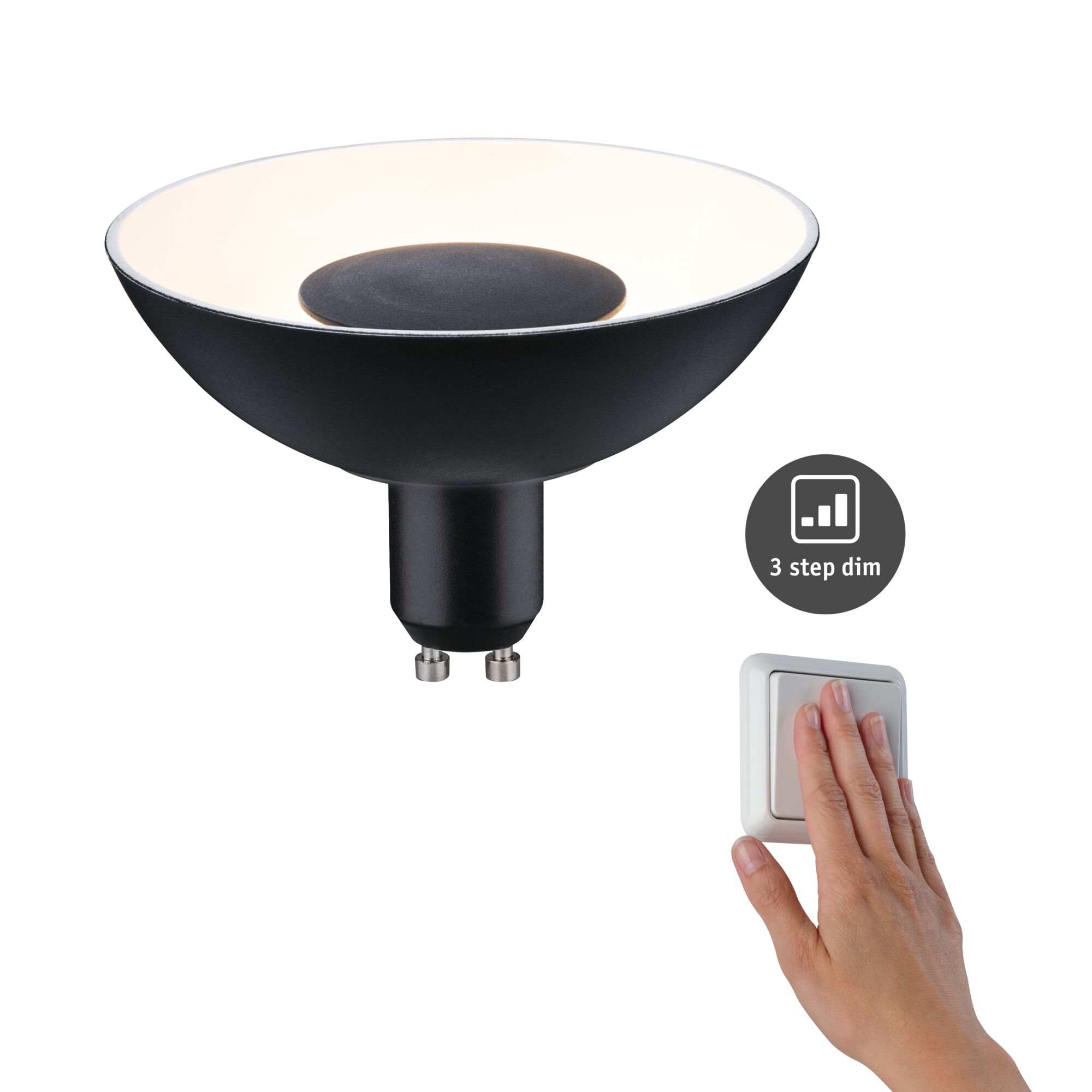 Réflecteur LED 3-Step-Dim GU10 230V 360lm 4,9W 3000K gradable Noir/Blanc Lampe LED réflecteur noire avec culot GU10 et fonction de gradation en 3 étapes, interrupteur manuel.