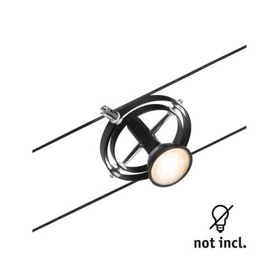Schwarze LED-Seilstrahler-Halterung aus Metall mit runden Elementen für flexible Beleuchtungssysteme