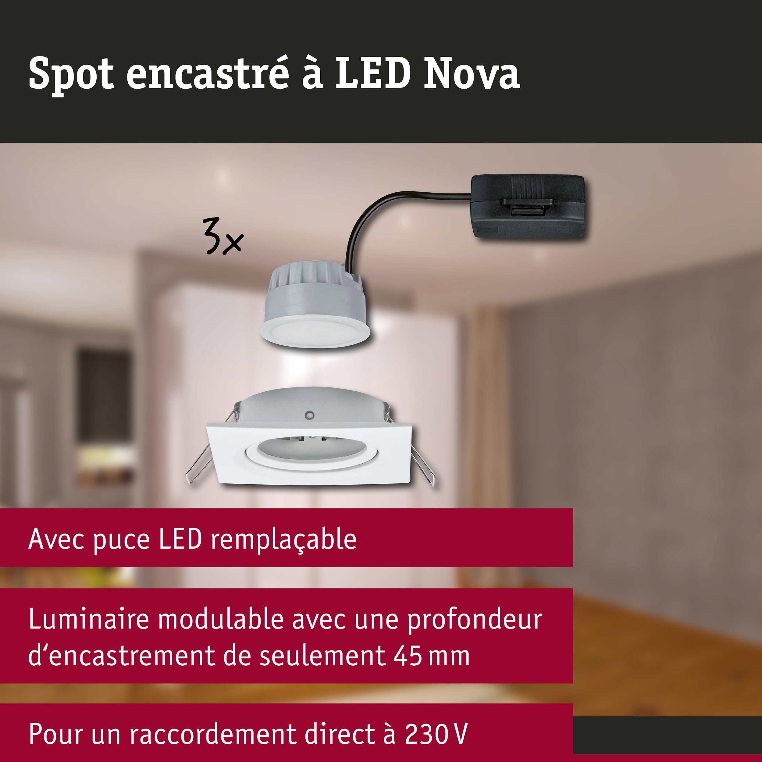 Spot encastré LED 3-Step-Dim Nova Coin Kit de base orientable carré 84x84mm 50° Coin 3x6W 3x470lm 230V gradable 2700K Blanc dépoli