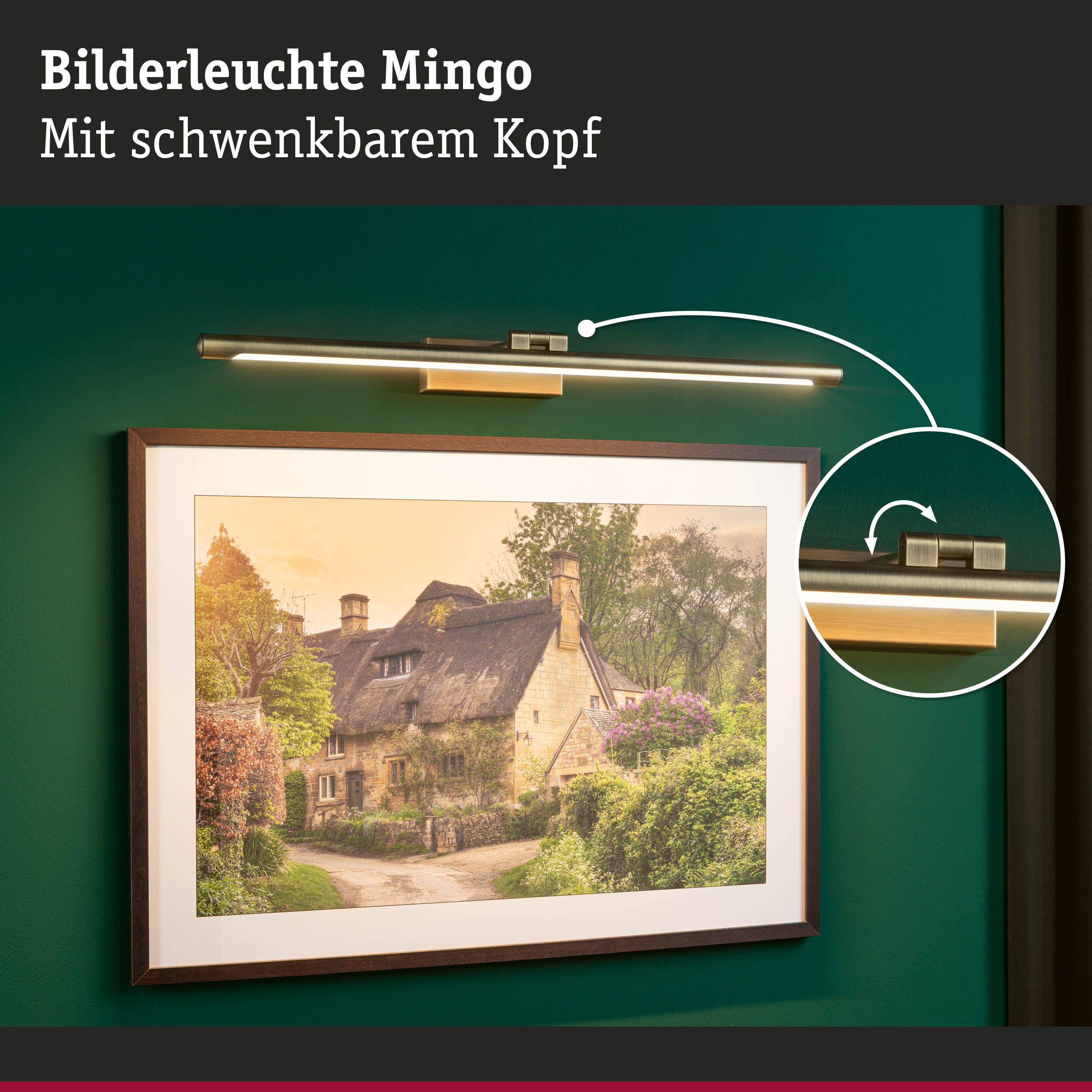 Bilderleuchte Mingo aus gebürstetem Messing mit schwenkbarem Kopf für stimmungsvolle Wandbeleuchtung