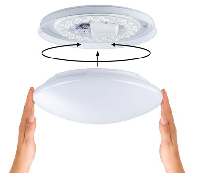 Weiße LED-Deckenleuchte mit Kunststoffschirm und Montageanleitung durch Hände und Pfeile dargestellt