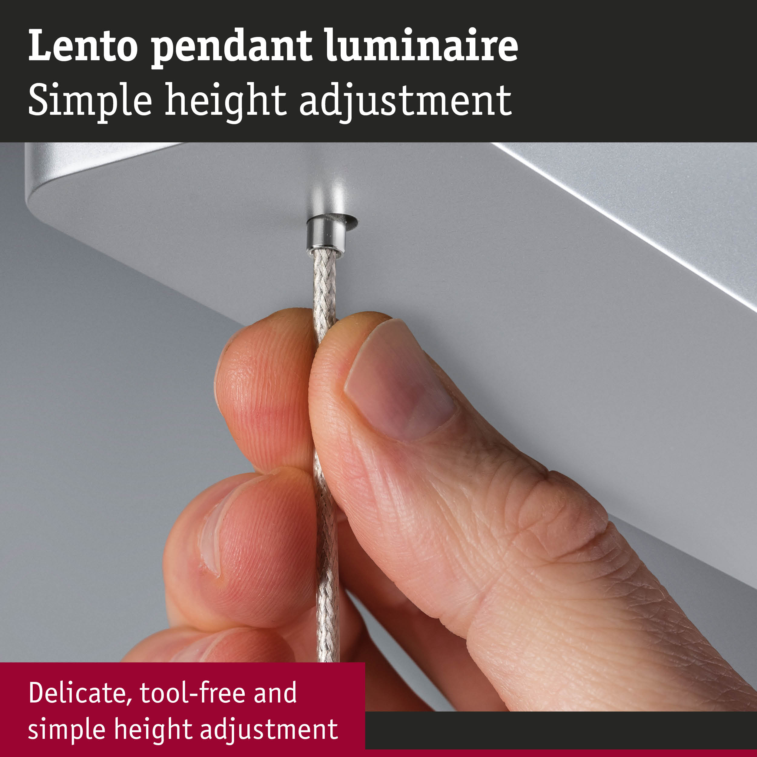Lento pendant luminaire with silver metal housing and simple tool-free height adjustment