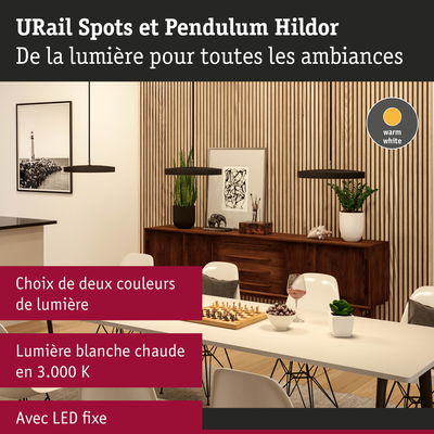 Suspensions noires modernes avec lumière LED blanc chaud au-dessus d'une table à manger et d'un buffet