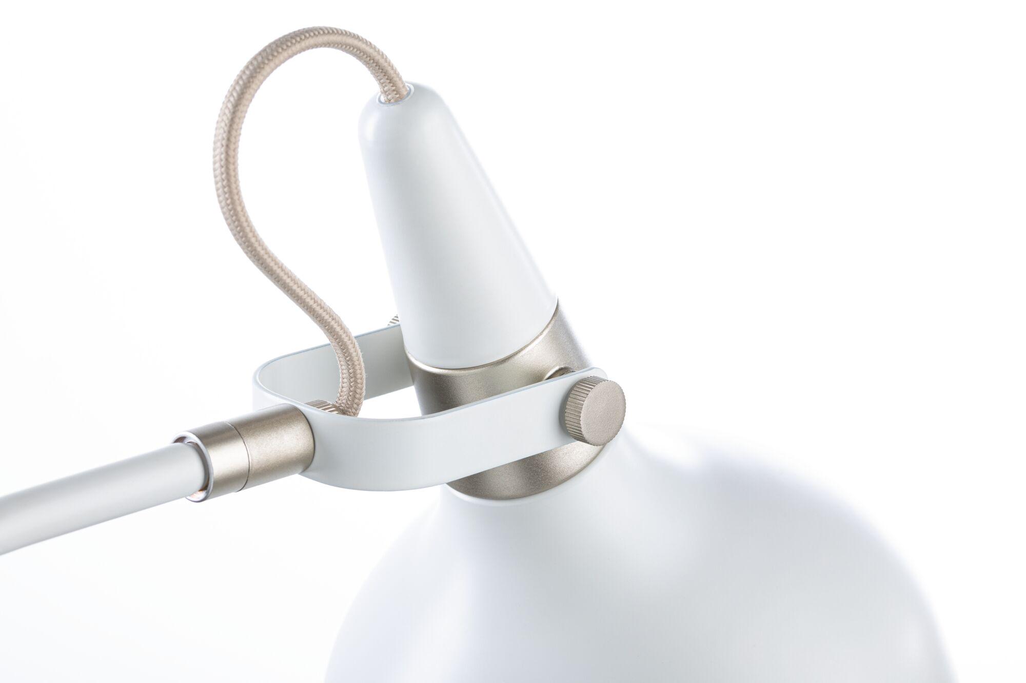 White metal desk lamp head with adjustable arm and beige fabric cable for office lighting