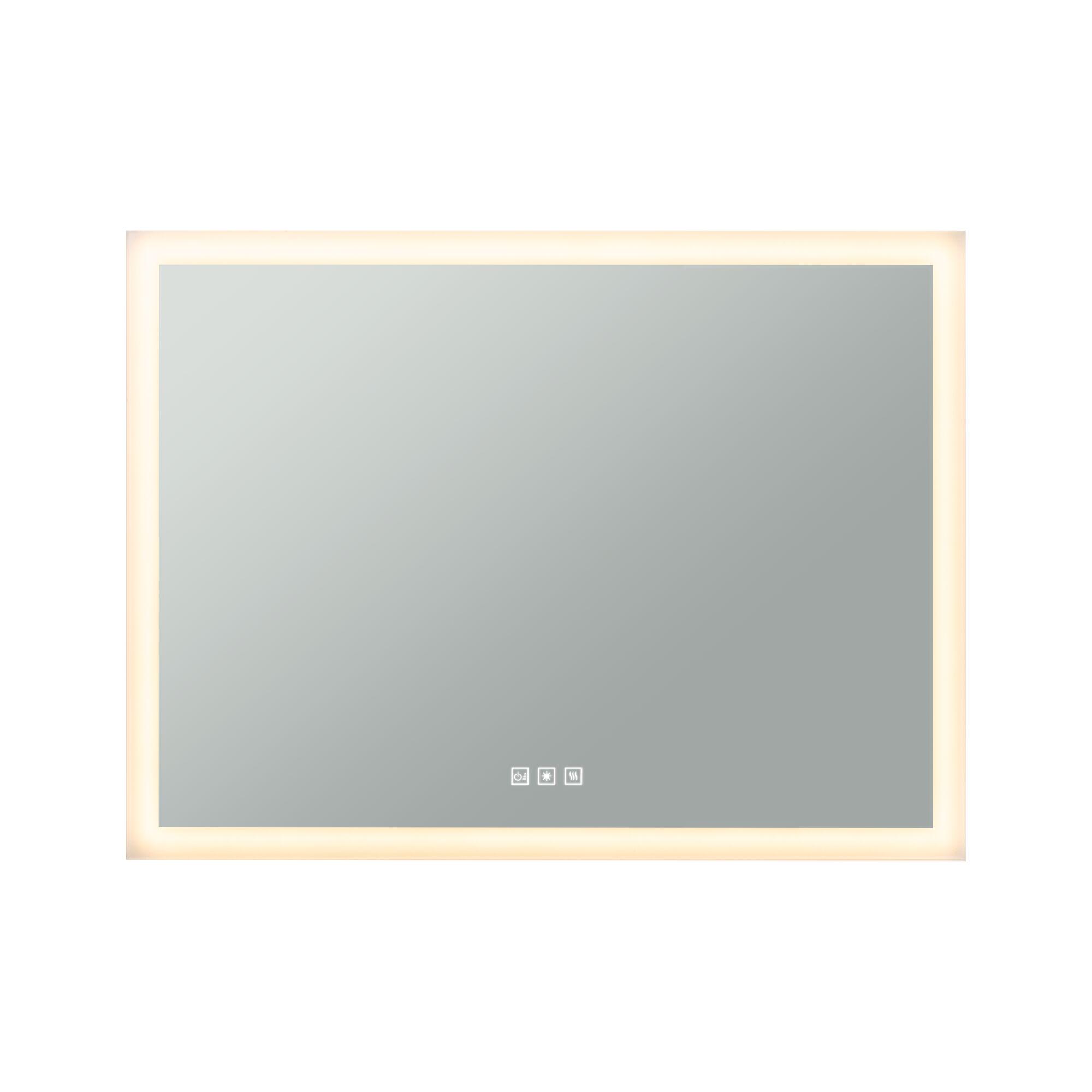 Rectangular mirror with warm white LED frame and touch sensors for bathroom lighting