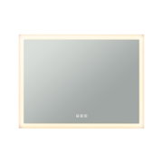 Rectangular mirror with warm white LED frame and touch sensors for bathroom lighting