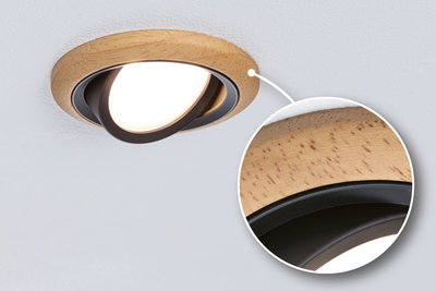 Recessed ceiling spotlight with natural wood frame and black inner ring, dimmable LED light