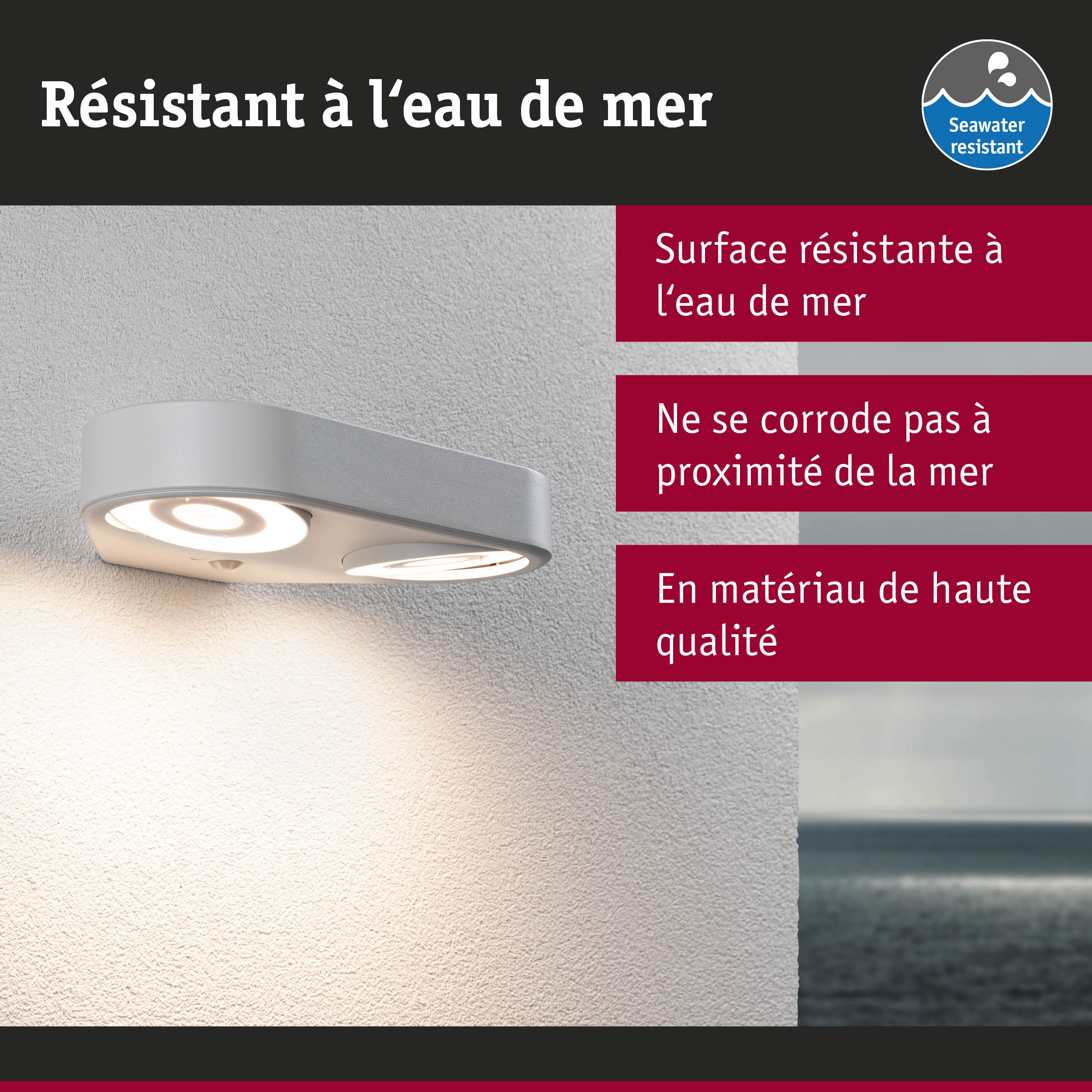 Applique murale extérieure grise LED résistante à l'eau de mer, idéale pour zones côtières