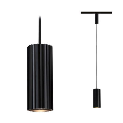 Black aluminium pendant light with ribbed cylindrical design for modern indoor lighting