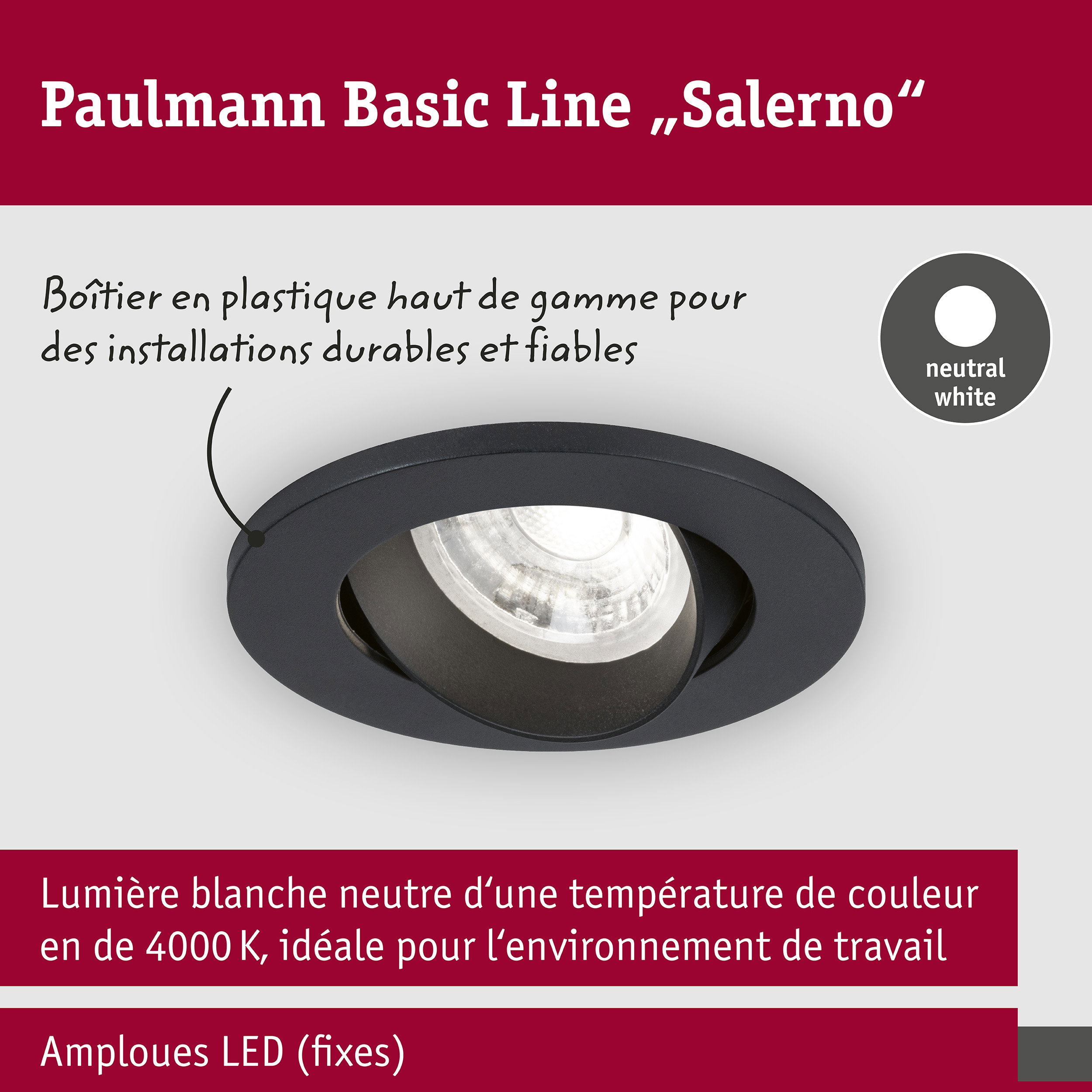 Spot encastré LED Salerno 4000K 67mm 3x204lm 3x2,9W Noir mat