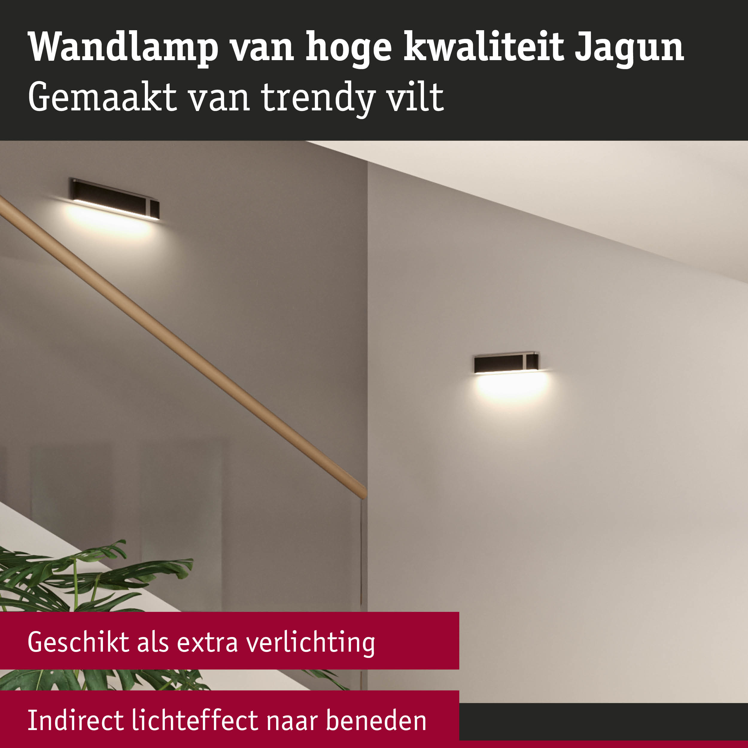 Moderne zwarte Jagun wandlamp van vilt met indirect licht, geschikt voor trapverlichting