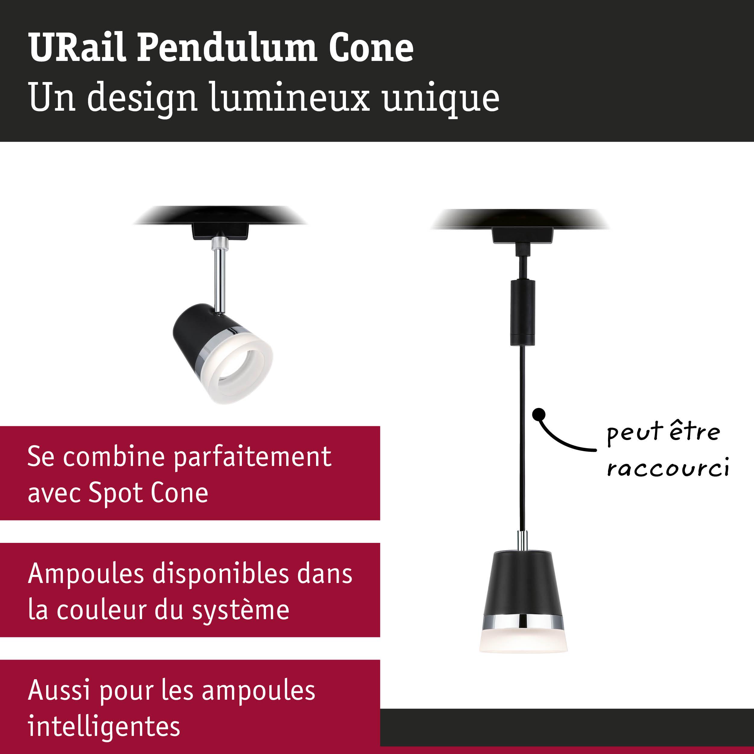 Suspension URail Pendulum Cone noire avec câble réglable et diffuseur blanc pour ampoules LED
