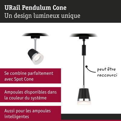 Suspension URail Pendulum Cone noire avec câble réglable et diffuseur blanc pour ampoules LED