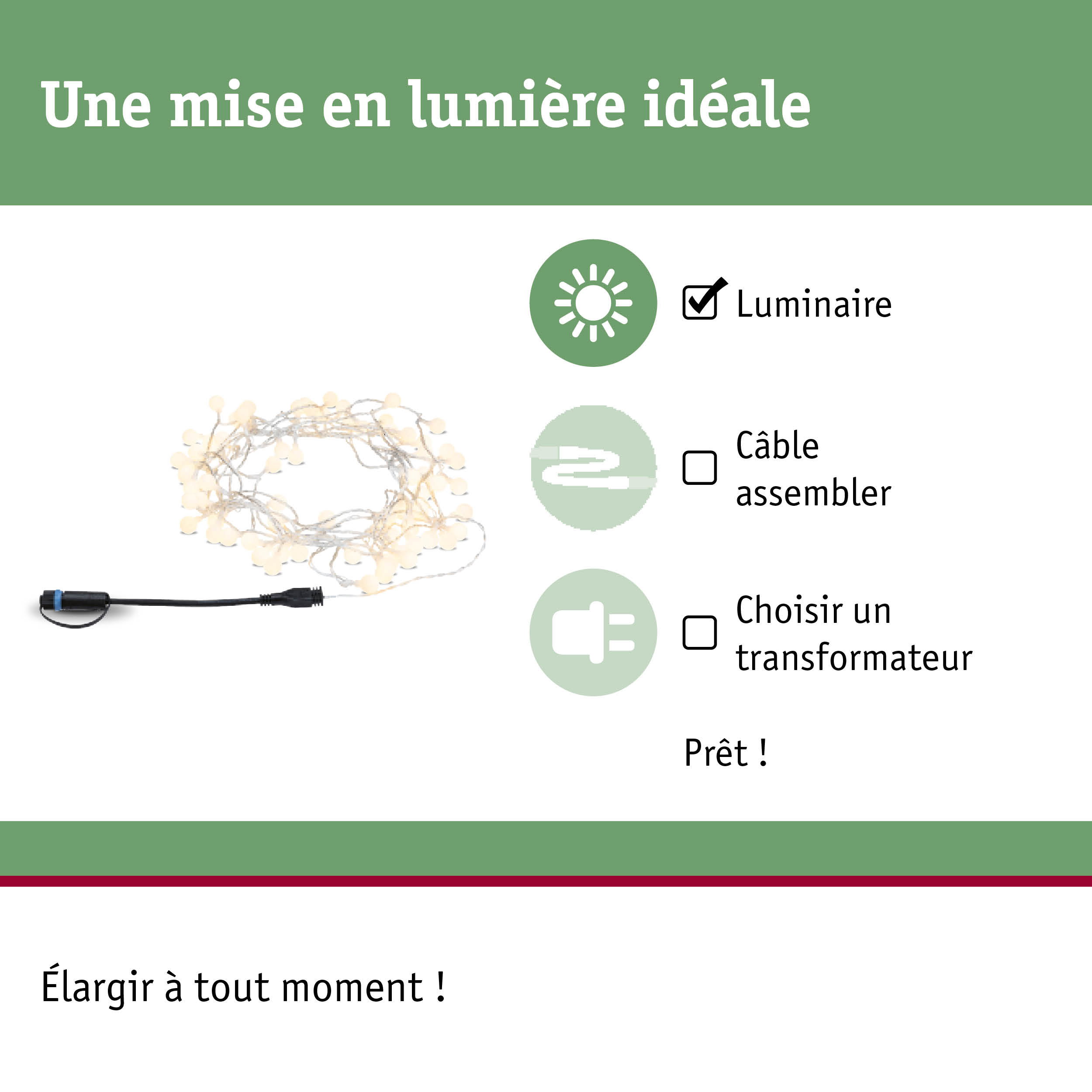 Guirlande LED blanc chaud avec câble noir, montage simple sans transformateur requis