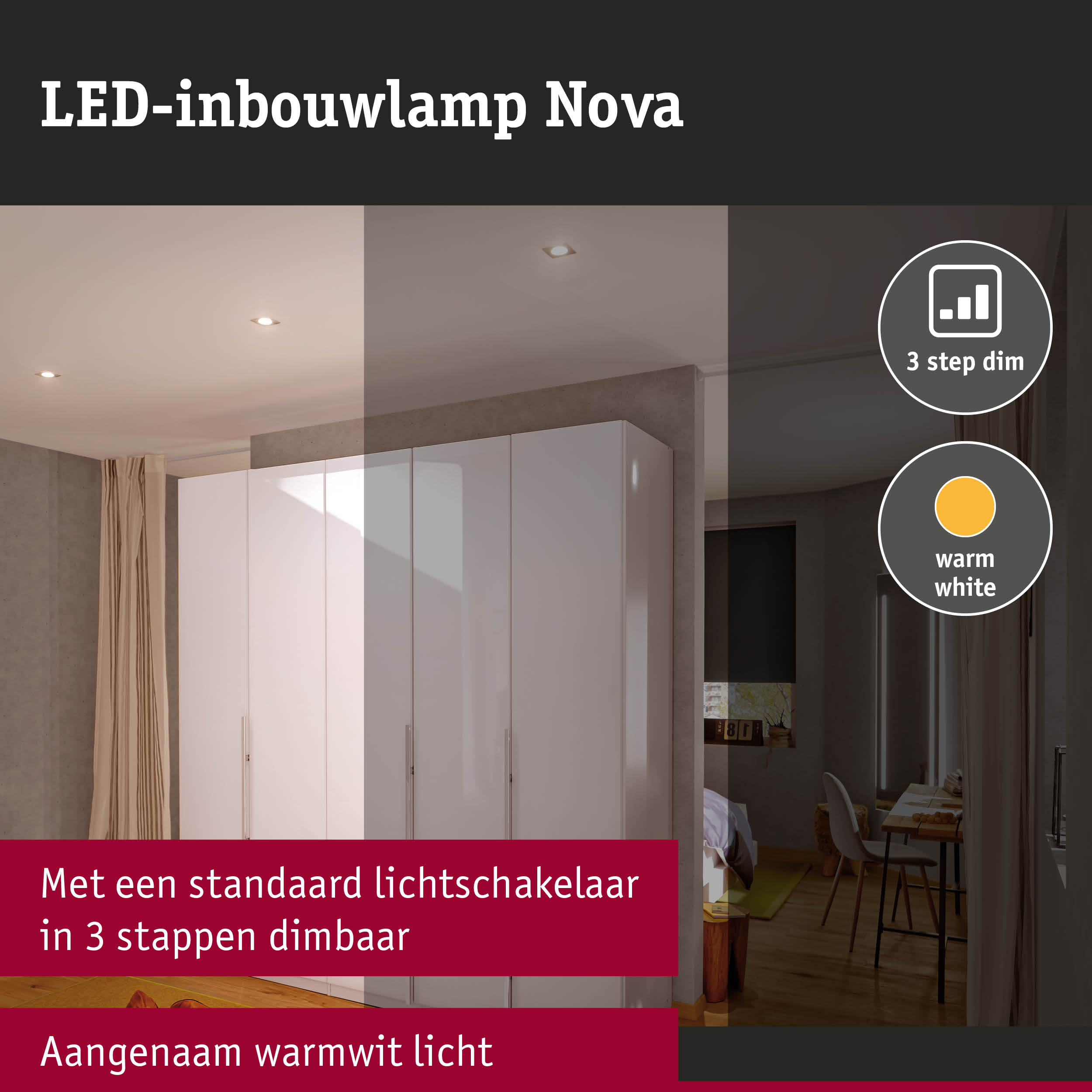 LED-inbouwlamp 3-Step-Dim Nova Basisset zwenkbaar hoekig 84x84mm 50° GU10 3x6,5W 3x460lm 230V dimbaar 2700K Alu gedraaid