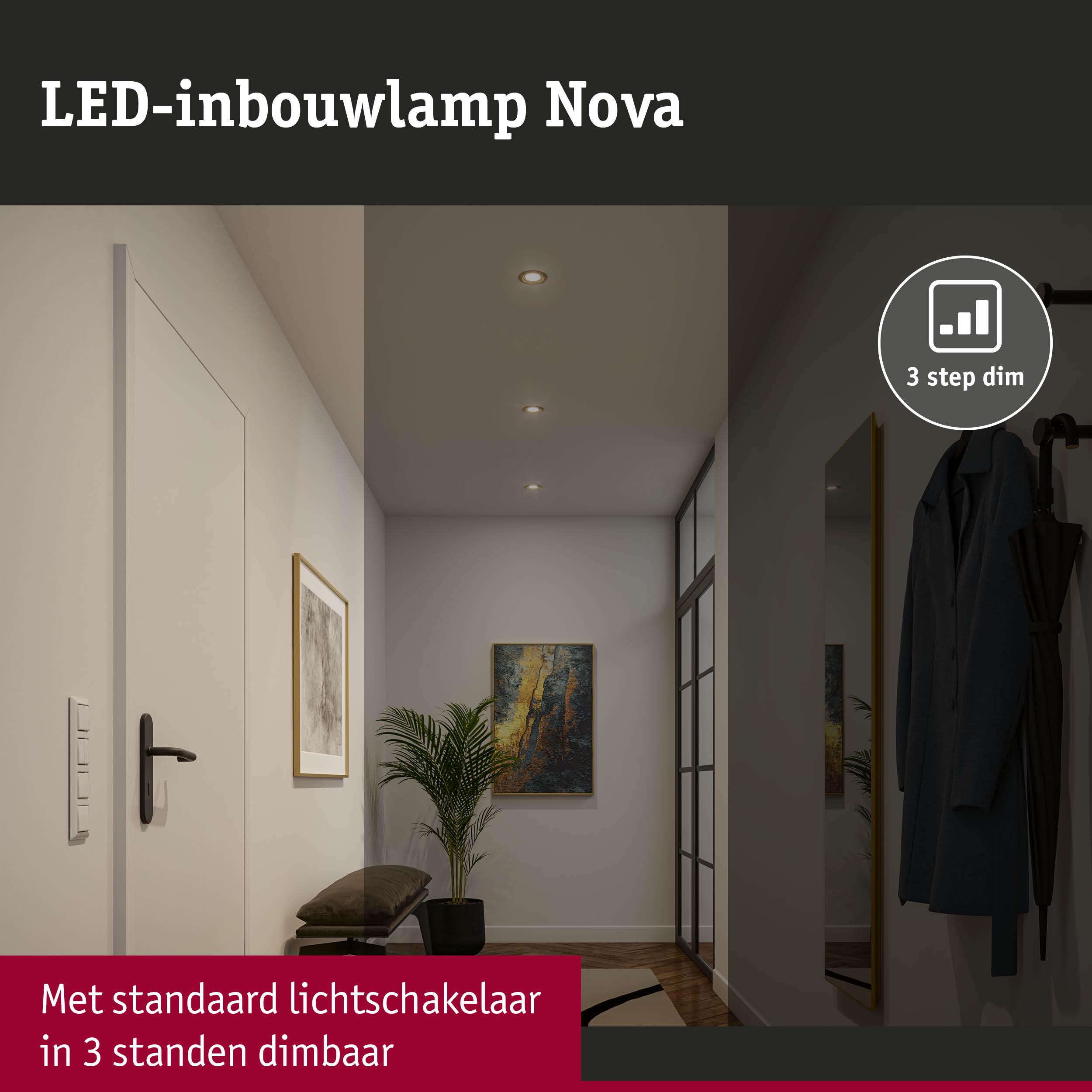 LED-inbouwlamp Nova met 3-standen dimmer in moderne hal met kunst en plant