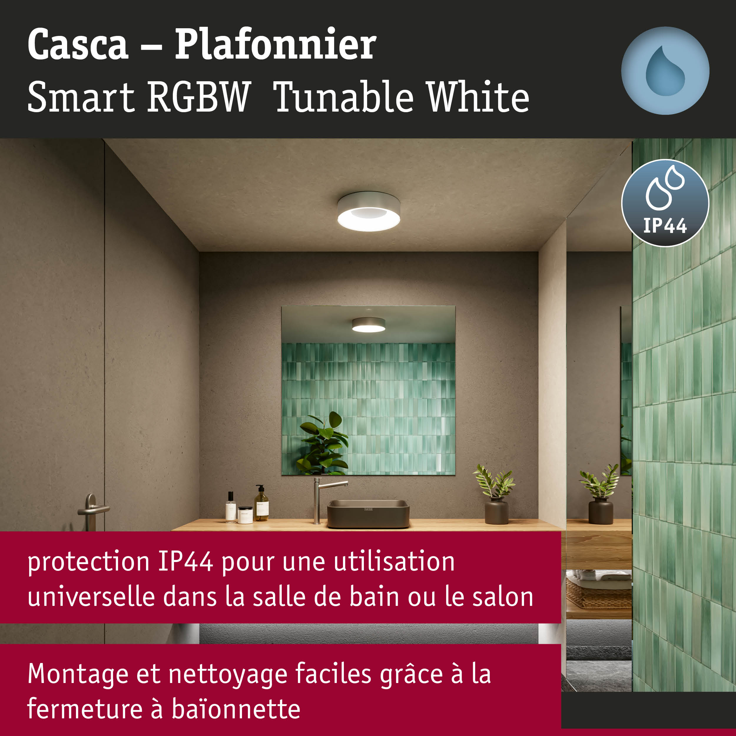 Plafonnier Casca blanc avec protection IP44, dimmable et commande intelligente pour salle de bain et salon