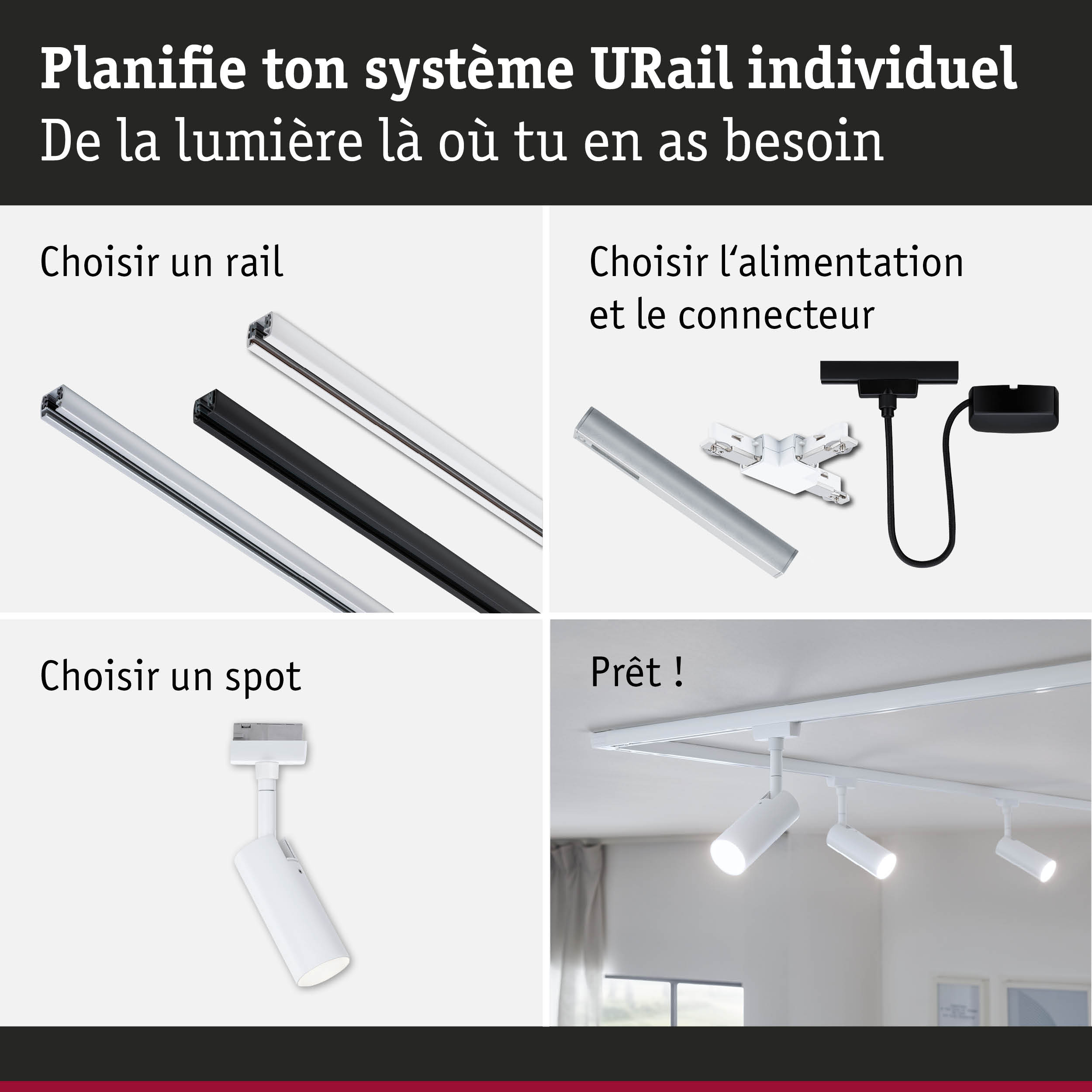 Système modulaire URail avec rails blancs et noirs, spots et alimentation pour un éclairage flexible
