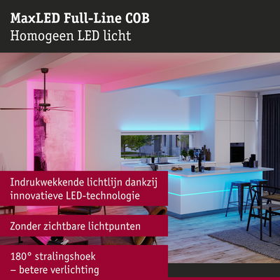 Moderne keuken met MaxLED Full-Line COB homogene LED-lichtlijn in blauw en roze voor sfeerverlichting