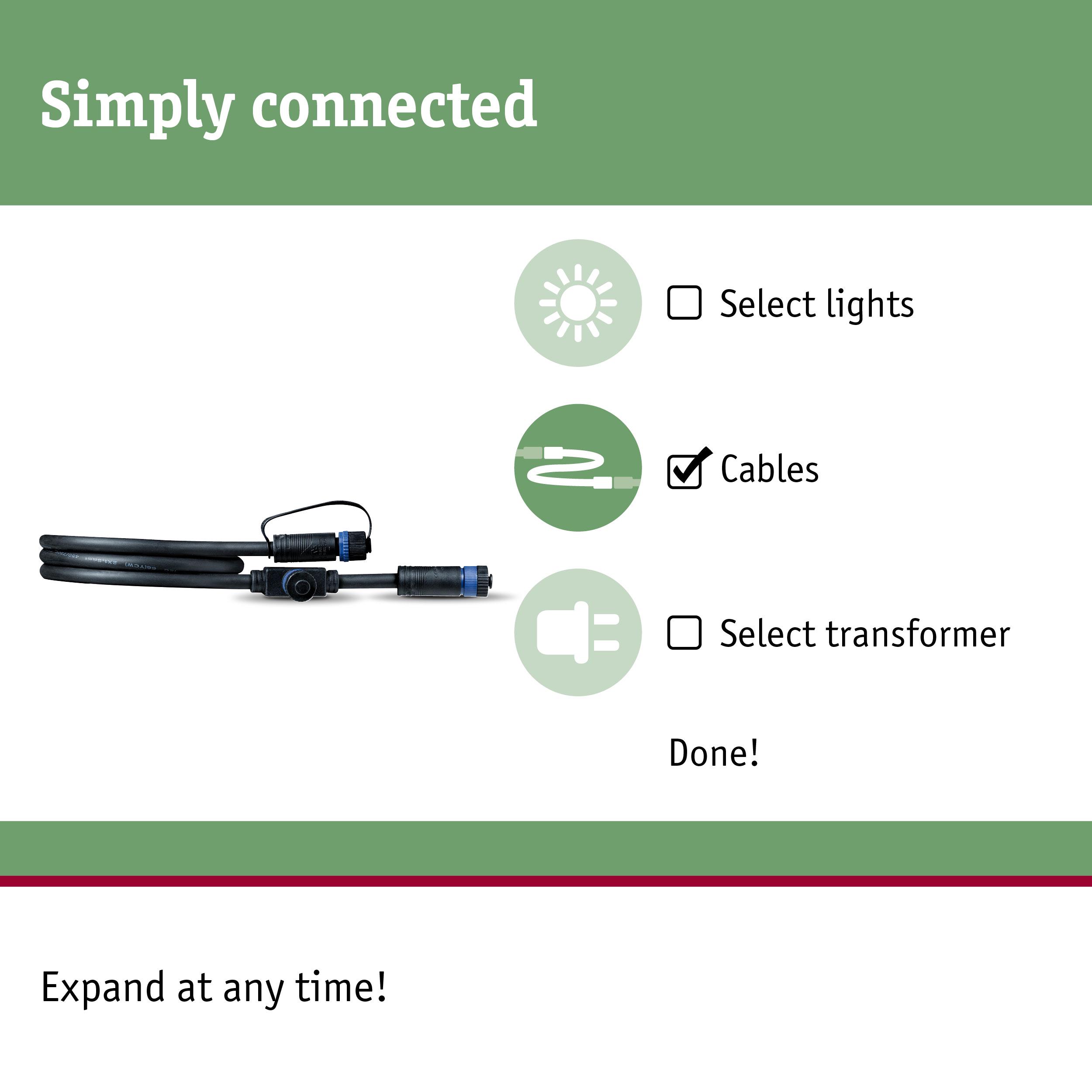 Black connection cable with connectors next to selection menu for lights, cables, and transformer