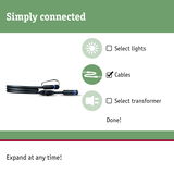 Black connection cable with connectors next to selection menu for lights, cables, and transformer