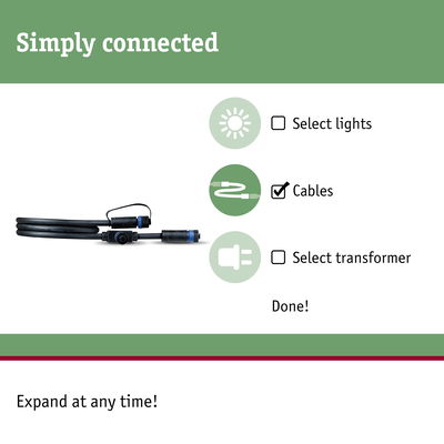 Black connection cable with connectors next to selection menu for lights, cables, and transformer
