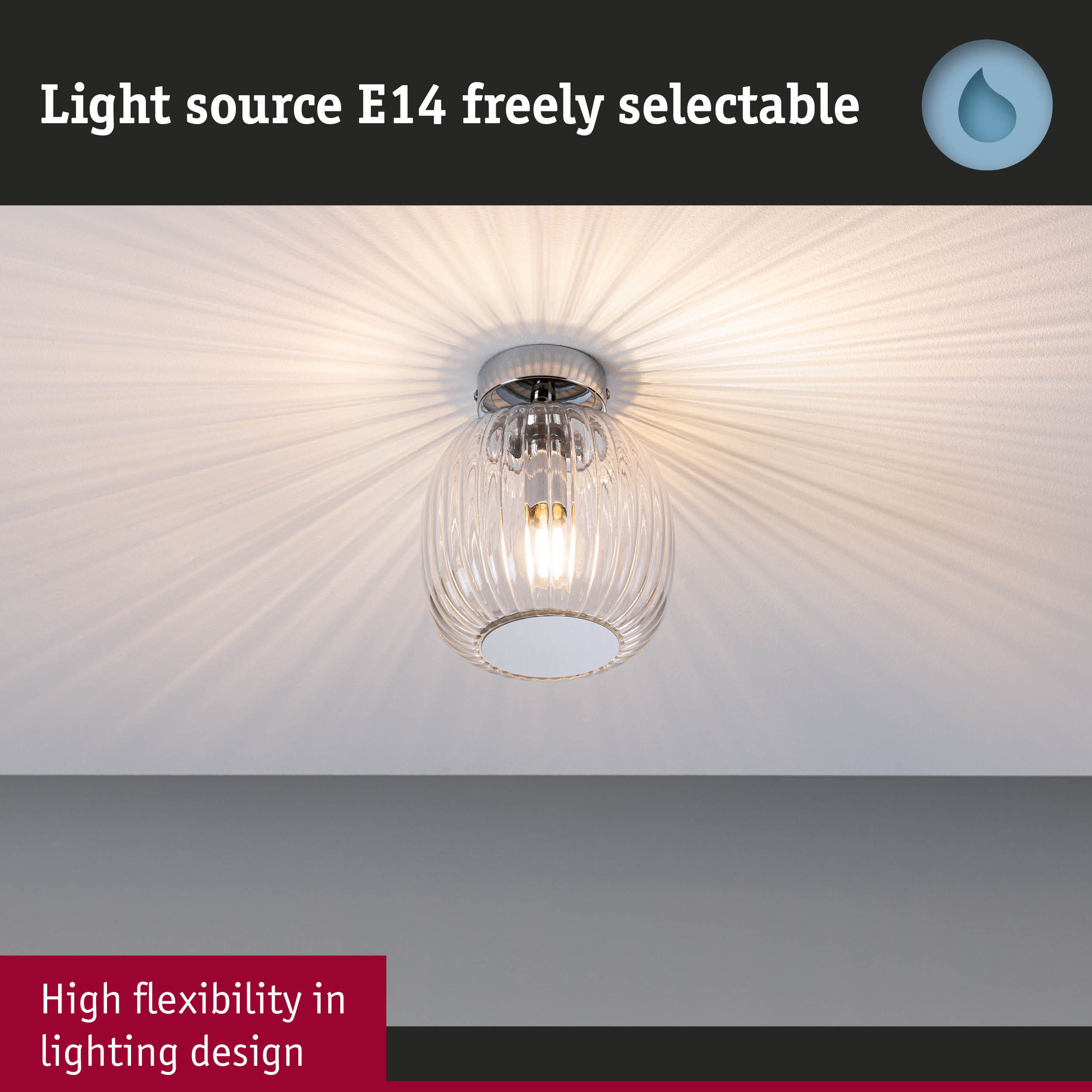 Ceiling light with clear glass and E14 socket, modern design casting light patterns on ceiling