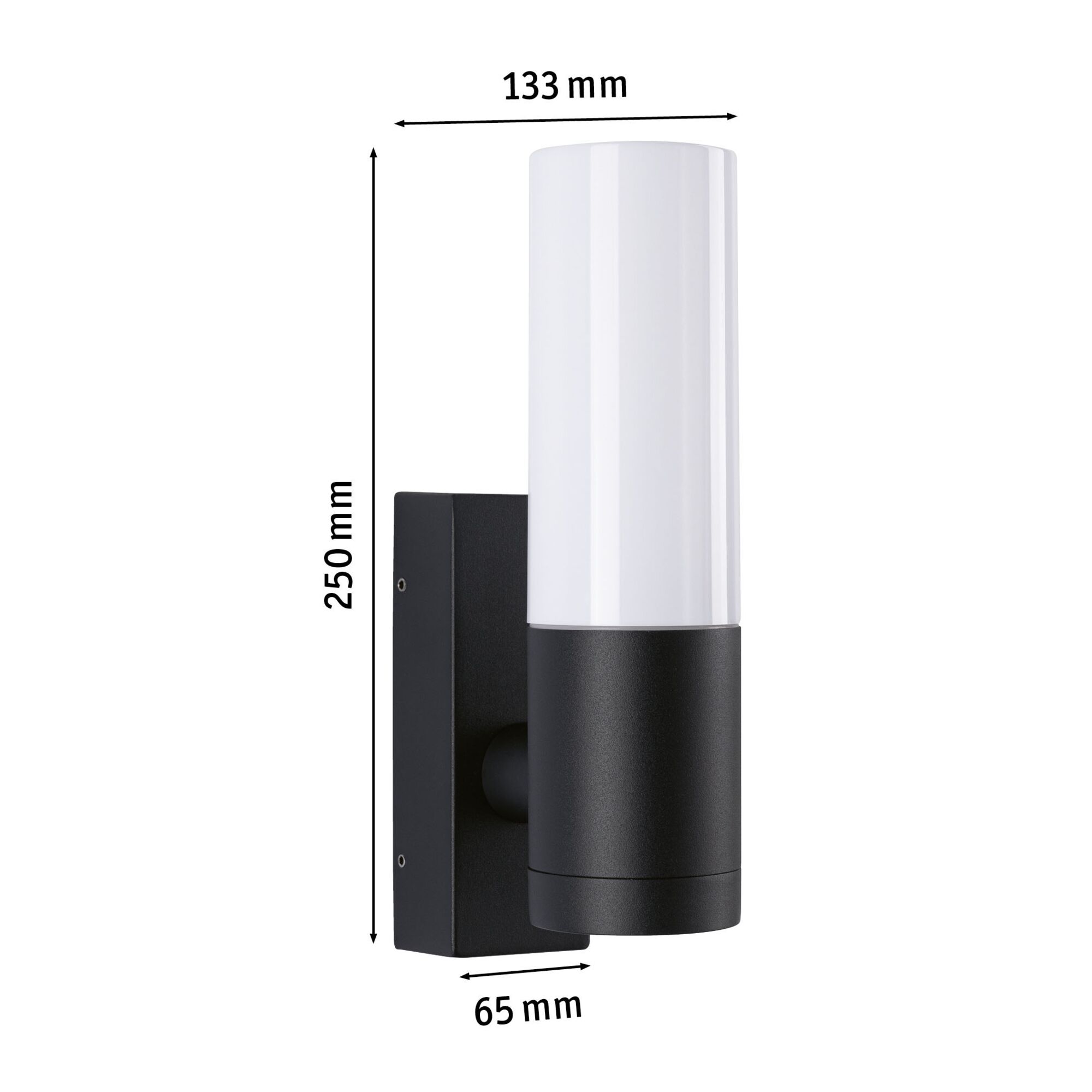 Black wall light with white glass, dimensions 250x133x65 mm, modern LED outdoor lighting