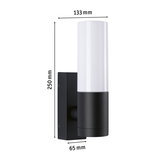 Black wall light with white glass, dimensions 250x133x65 mm, modern LED outdoor lighting