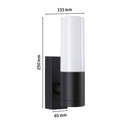 Black wall light with white glass, dimensions 250x133x65 mm, modern LED outdoor lighting
