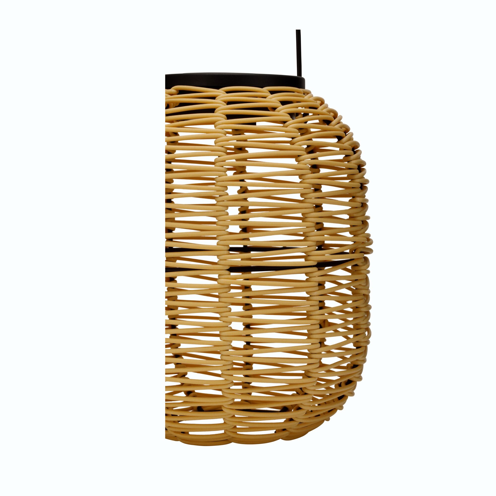 Modern lampshade made of beige plastic weave with black suspension part for pendant light