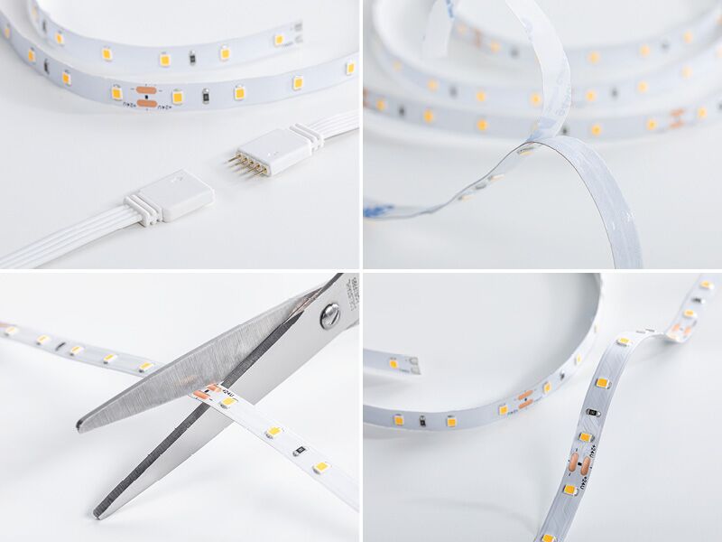 Four images of white LED strip lights with connector and scissors for cutting, ideal for flexible lighting setups