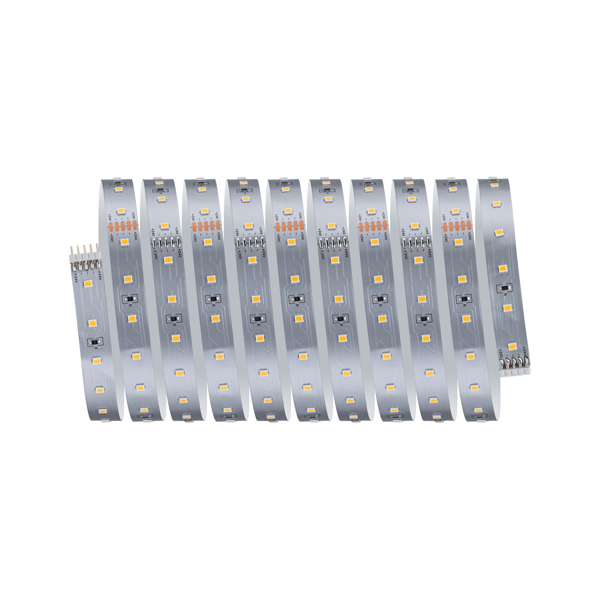 Flexible silver LED strip with warm white LEDs for modern lighting accents and decoration.